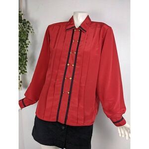 90s button down shirt, loose fit blouse with pleats red and black size large